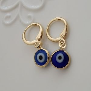Blue and 14K yellow gold evil eye hoop earrings